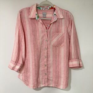 Chico's Women Linen Shirt FreshChic Striped Floral Trim Size 1 M Red Pink White